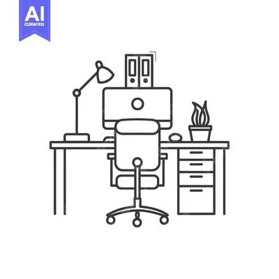 Aset premium populer: Black and white outline illustration of a simple office workspace
