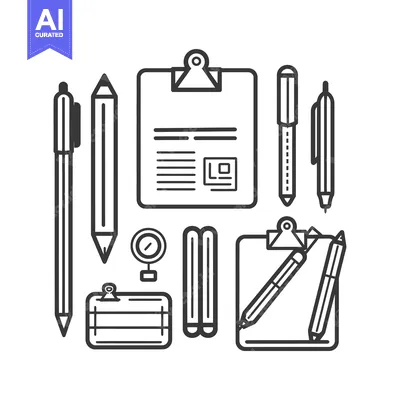 Aset desain premium: Black and White Outline Illustration of Various Writing and Drawing To