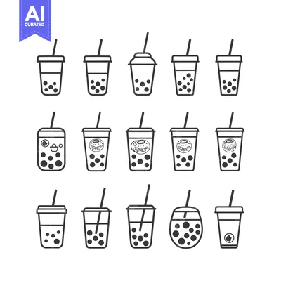 Aset desain premium: Black and White Outline Illustrations of Bubble Tea Cups with Straws