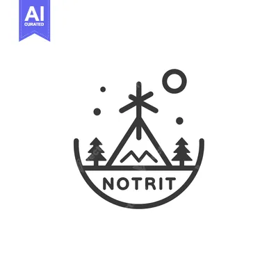 Premium design asset: Black and White Outline Logo with Mountain, Trees, Sun, and Stars