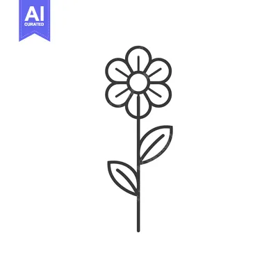 Aset desain premium: Black and White Outline of a Single Flower with Stem and Leaves