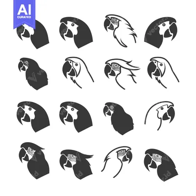 Premium design asset: Black and White Parrot Head Icons in Various Poses