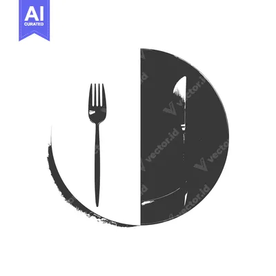 Aset desain premium: Black and White Plate with Fork and Knife