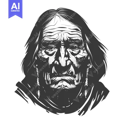 Premium design asset: Black and White Portrait of an Elderly Native American Man with Feathe