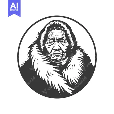 Aset premium populer: Black and White Portrait of an Indigenous Elder in a Fur Hood
