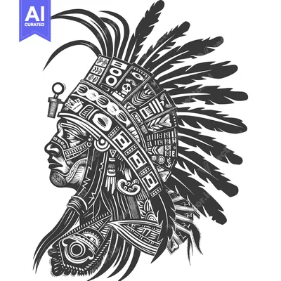 Premium design asset: Black and White Profile Illustration of a Native American Wearing a He
