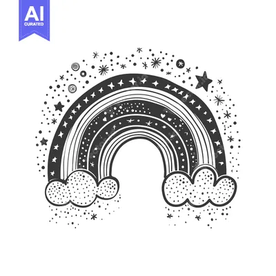 Aset desain premium: Black and White Rainbow with Stars and Dots
