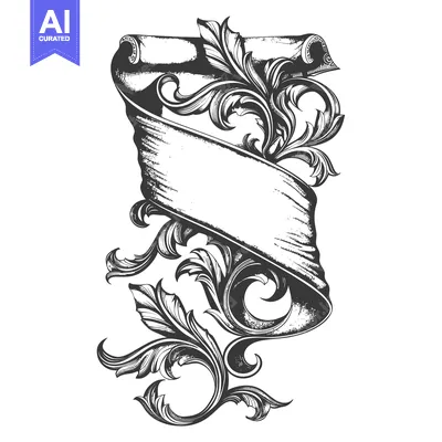 Aset desain premium: Black and White Scroll Banner with Ornamental Swirls