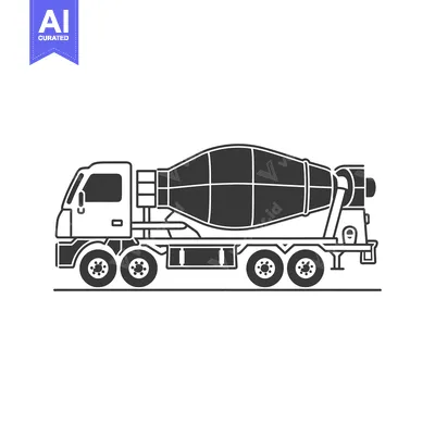 Aset desain premium: Black and White Side View Illustration of a Concrete Mixer Truck