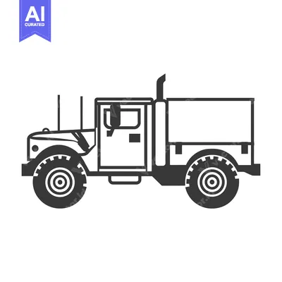 Black and White Side View Illustration of a Military Truck