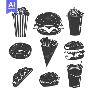 Premium design asset: Black and White Silhouette Icons of Fast Food