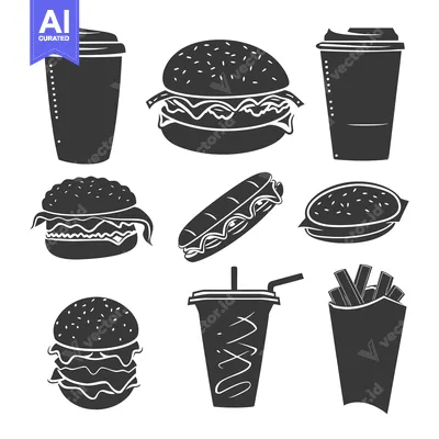 Aset premium populer: Black and White Silhouette Icons of Fast Food Items