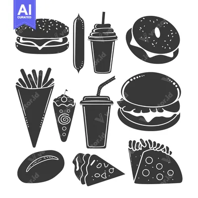 Aset premium populer: Black and White Silhouette Icons of Fast Food Items