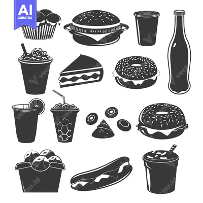 Premium design asset: Black and White Silhouette Icons of Fast Food Items