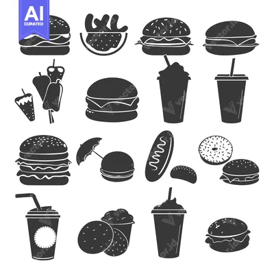 Popular premium asset: Black and White Silhouette Icons of Fast Food Items