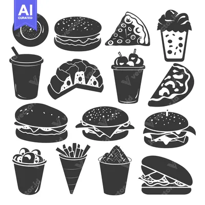 Premium design asset: Black and White Silhouette Icons of Fast Food Items