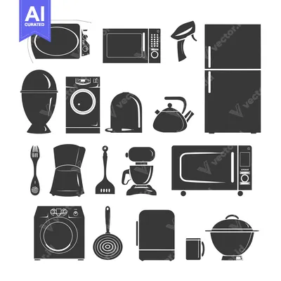 Aset premium populer: Black and White Silhouette Icons of Kitchen and Household Appliances