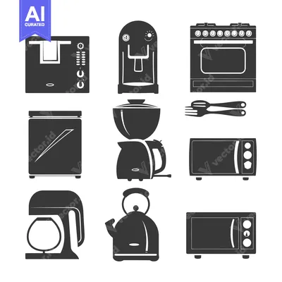 Aset premium populer: Black and White Silhouette Icons of Kitchen Appliances