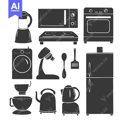 Aset premium populer: Black and White Silhouette Icons of Kitchen Appliances