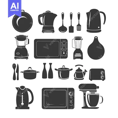 Aset premium populer: Black and White Silhouette Icons of Kitchen Appliances and Utensils