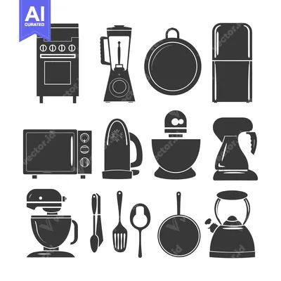 Black and White Silhouette Icons of Kitchen Appliances and Utensils