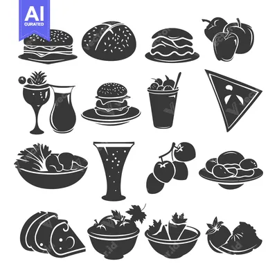 Aset desain premium: Black and White Silhouette Icons of Various Food and Drinks