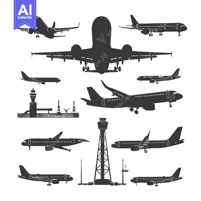Aset desain premium: Black and white silhouette illustration of airplanes, airport control