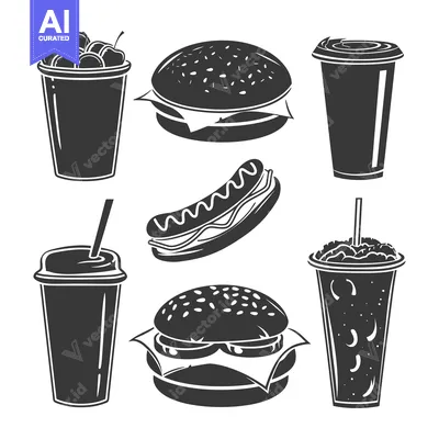 Aset premium populer: Black and White Silhouette Illustration of Fast Food Items