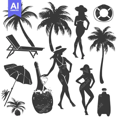 Aset desain premium: Black and White Silhouette Illustration of Palm Trees, Women, and Beac