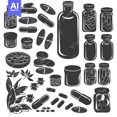 Aset desain premium: Black and White Silhouette Illustration of Pills, Capsules, and Bottle