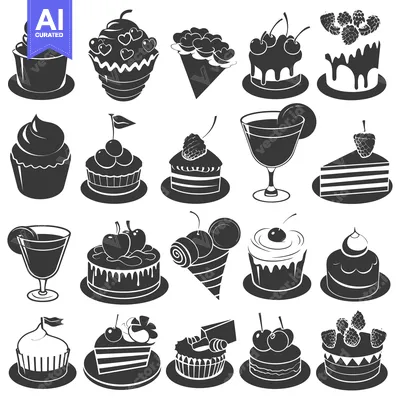Aset desain premium: Black and White Silhouette Illustration of Various Cakes, Cupcakes and
