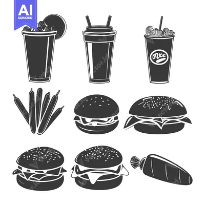 Aset desain premium: Black and White Silhouette Illustrations of Fast Food Items