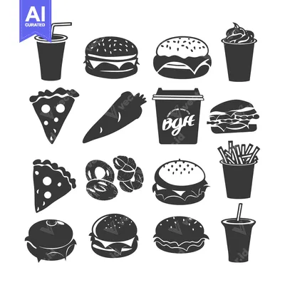 Black and White Silhouette Illustrations of Fast Food Items