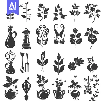 Aset premium populer: Black and White Silhouette Illustrations of Plants, Kitchenware, and O
