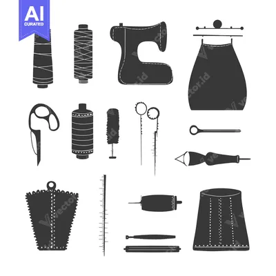 Aset desain premium: Black and White Silhouette Illustrations of Sewing Tools and Equipment