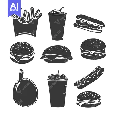Aset desain premium: Black and White Silhouette Illustrations of Various Fast Food Items