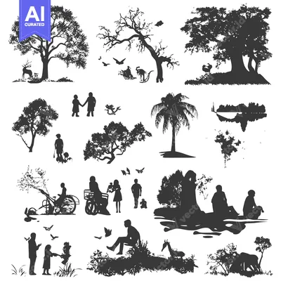 Aset premium populer: Black and White Silhouette Illustrations of Various Nature Scenes