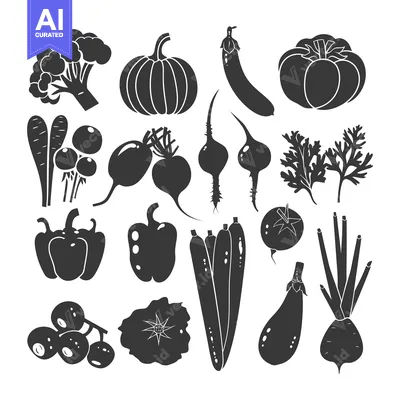 Aset premium populer: Black and White Silhouette Illustrations of Various Vegetables