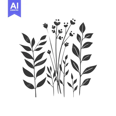 Aset desain premium: Black and white silhouette of a bouquet of foliage and flowers