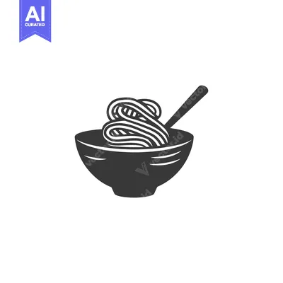 Aset premium populer: Black and white silhouette of a bowl of noodles with a chopstick