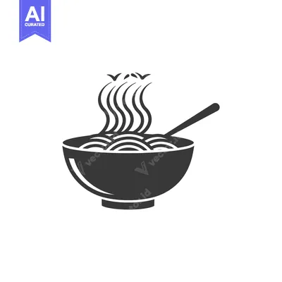 Aset desain premium: Black and White Silhouette of a Bowl of Steaming Noodles with a Spoon