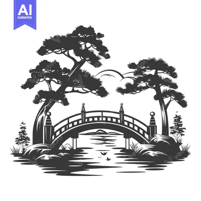 Aset desain premium: Black and White Silhouette of a Bridge Over a Pond with Trees and Rock