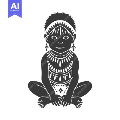 Aset desain premium: Black and white silhouette of a child wearing traditional tribal cloth