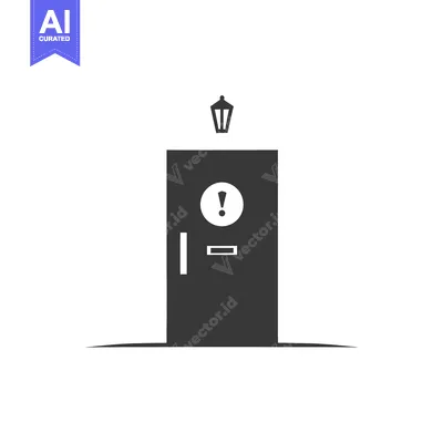 Aset desain premium: Black and White Silhouette of a Door with an Exclamation Mark