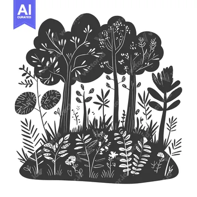 Premium design asset: Black and White Silhouette of a Forest with Trees and Flowers