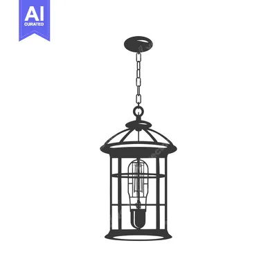 Aset desain premium: Black and White Silhouette of a Hanging Cage Lamp with a Light Bulb In