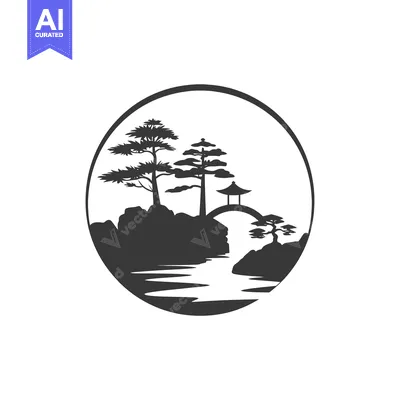 Aset desain premium: Black and White Silhouette of a Japanese Garden Scene with Trees, a Br