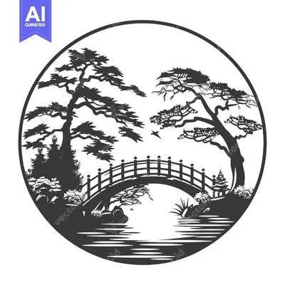 Aset premium populer: Black and White Silhouette of a Japanese Garden with a Bridge