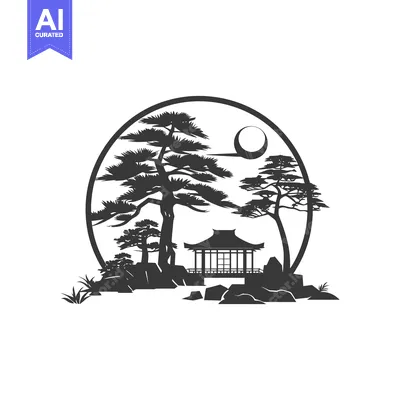 Premium design asset: Black and White Silhouette of a Japanese Garden with a Moon