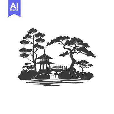 Premium design asset: Black and White Silhouette of a Japanese Garden with a Pagoda, Bridge,